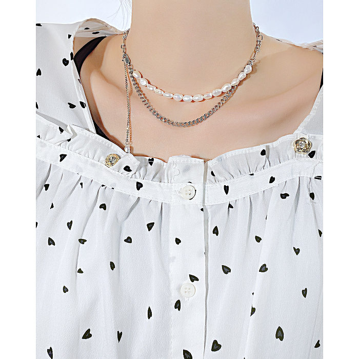 Collier de perles d'imitation géométrique en acier inoxydable, placage de pompon superposé, colliers en acier inoxydable