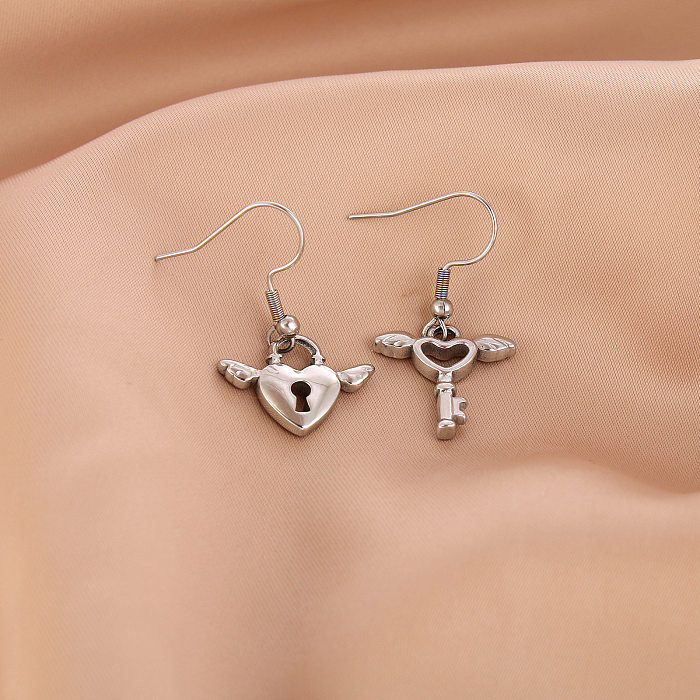 Fashion Heart Shape Key Stainless Steel  Stamping Drop Earrings 1 Pair
