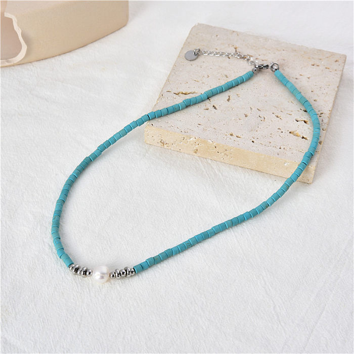 Hip-Hop Retro Round Turquoise Stainless Steel Beaded Necklace