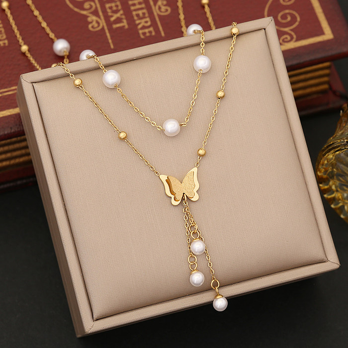 Commute Flower Stainless Steel  Imitation Pearl Tassel Plating Pendant Necklace