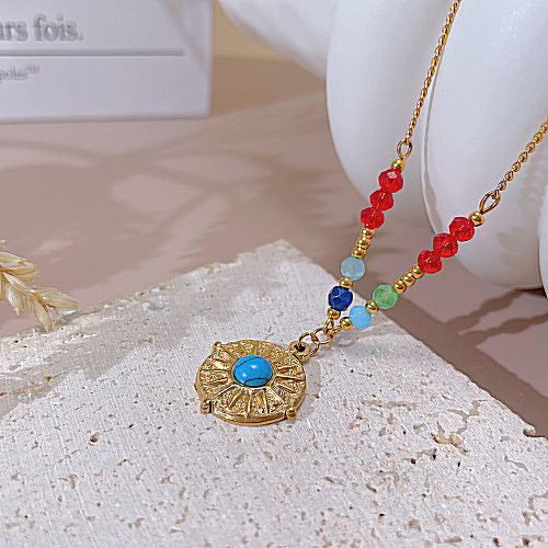 Runde Halskette mit türkisfarbenem Anhänger aus Edelstahl im Vintage-Stil mit Perleneinlage