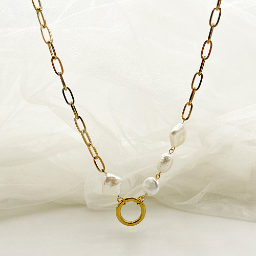 Schlichter Stil, künstlerischer Kreis, quadratisch, vergoldete Halskette aus Edelstahl mit Nachahmung von Perlen