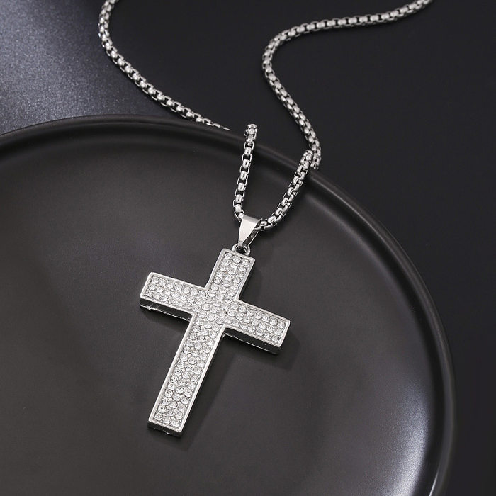 Lady Cross Stainless Steel  Plating Inlay Artificial Gemstones Pendant Necklace
