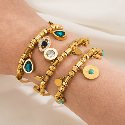 Hip-Hop Eye Stainless Steel Gold Plated Turquoise Zircon Bracelets 1 Piece