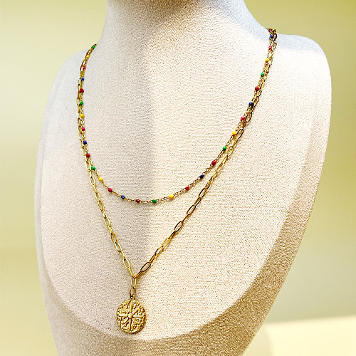 Glamouröse, schlichte, einfarbige, doppellagige Halsketten aus Edelstahl mit Emaille-Beschichtung und vergoldet