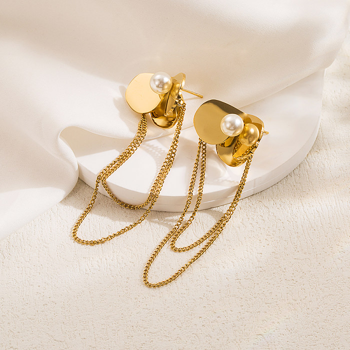 1 paire de boucles d'oreilles pendantes élégantes et luxueuses, rondes irrégulières, couleur unie, incrustation de chaîne en acier inoxydable, perles artificielles plaquées or 18 carats