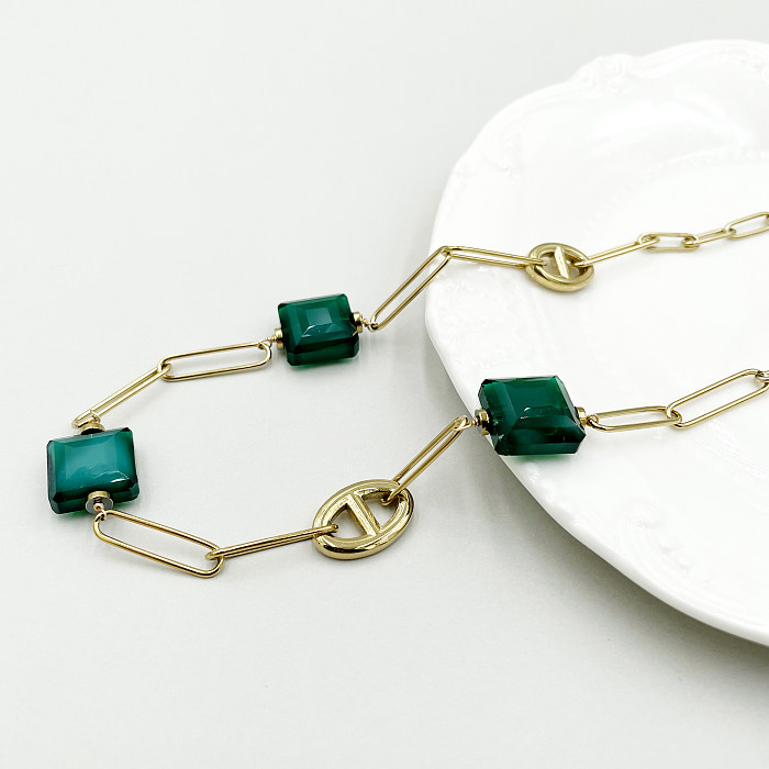 Schlichter, unregelmäßiger Edelstahl-Metall-Polierüberzug, vergoldete Halskette mit Inlay und Edelsteinen