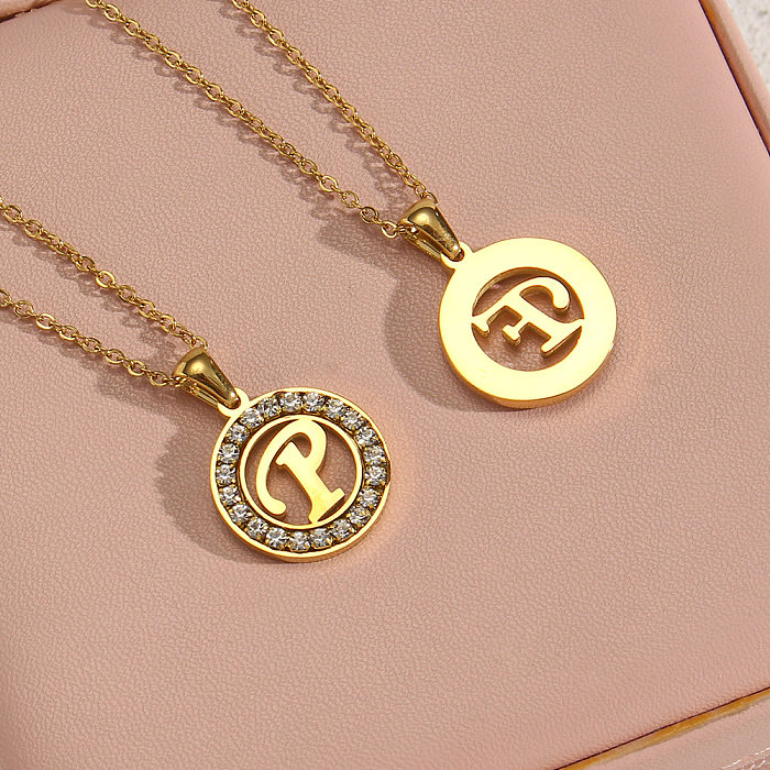 Fashion New Letter Pendant Plated 18K Inlaid Zirconium Hollow Round Stainless Steel  Necklace