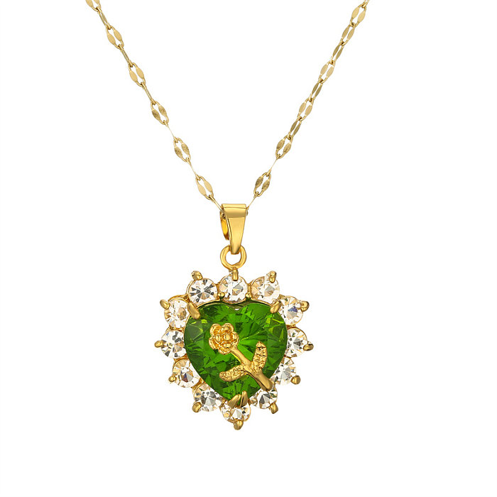Sweet Heart Shape Flower Stainless Steel  Copper Plating Inlay Zircon Gold Plated Pendant Necklace