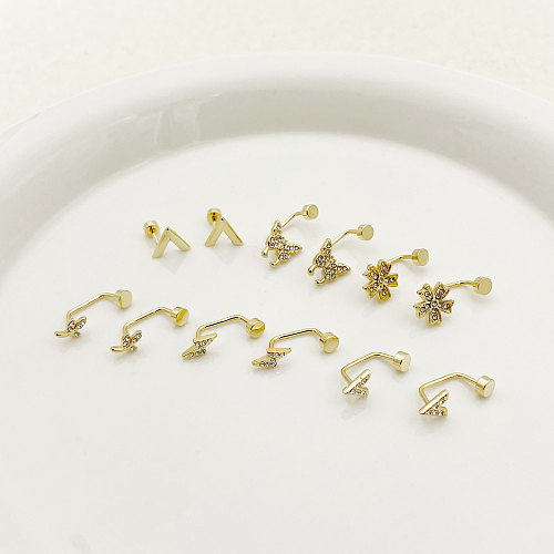 1 par estilo simples carta flor borboleta chapeamento incrustação strass de aço inoxidável banhado a ouro brincos