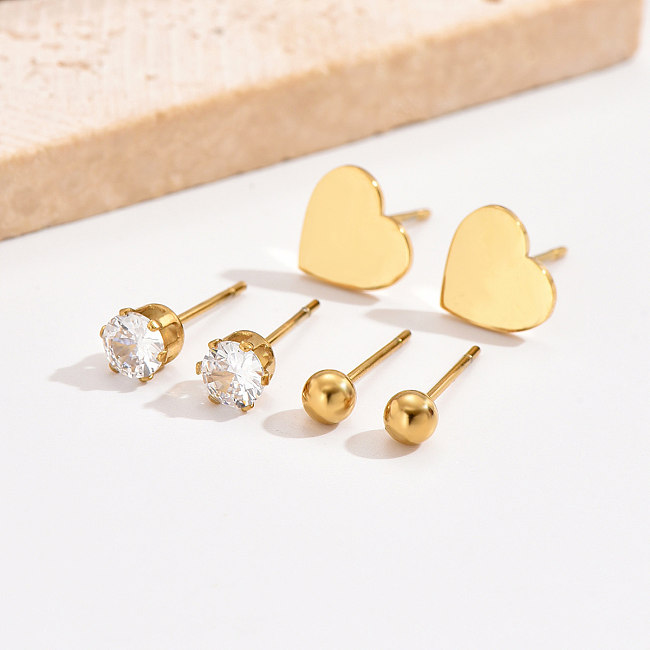 3 pares elegante estilo simples formato de coração chapeamento incrustado de aço inoxidável zircão 14K brincos banhados a ouro