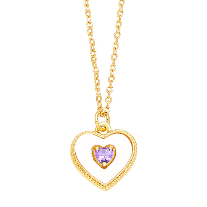 Casual Simple Style Heart Shape Stainless Steel  Copper Plating Inlay Shell Zircon 18K Gold Plated Pendant Necklace