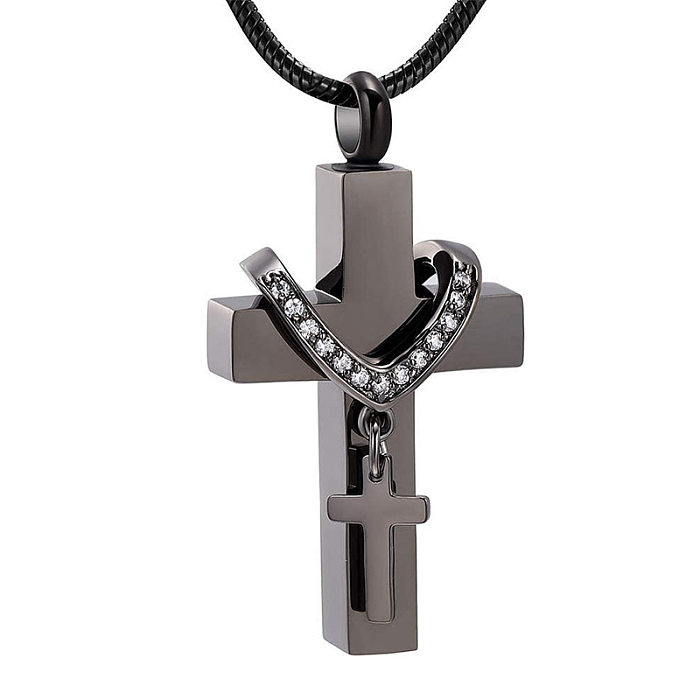 Retro Punk Cross Stainless Steel Inlay Zircon Pendant Necklace