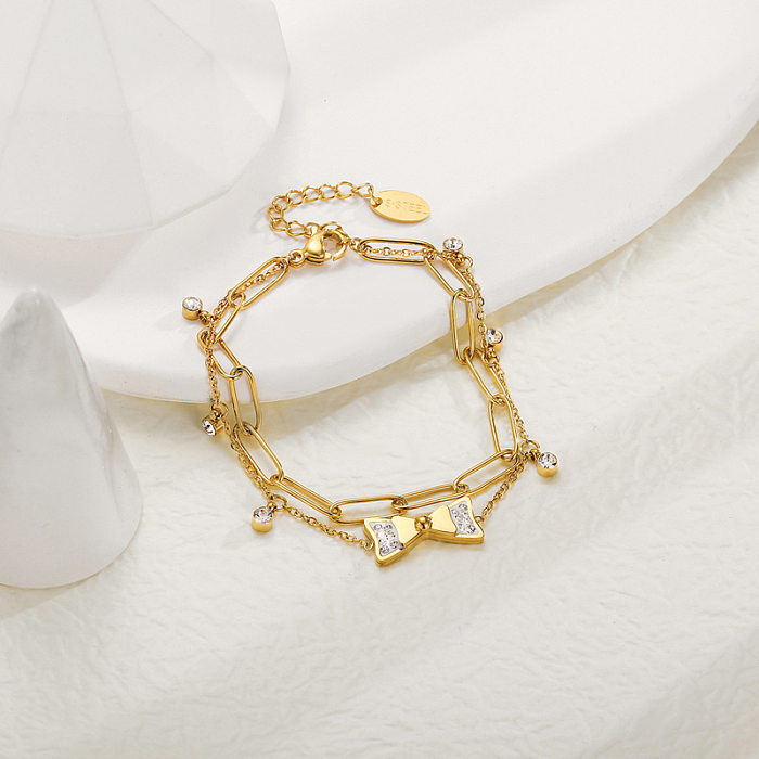 Fashion Zircon Inlaid Bow Pendant 14K Gold Plated Titanium Steel Bracelet