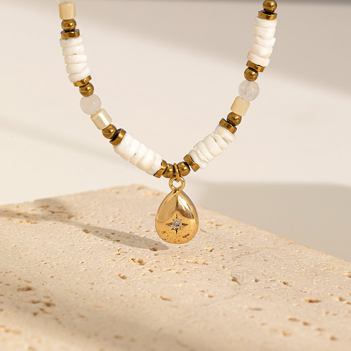 Halskette mit Wassertropfen-Anhänger im Ethno-Stil, Edelstahl, Perlen, Legierungsüberzug, Inlay, Zirkon, 18 Karat vergoldet