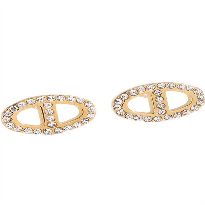 1 Pair IG Style Shiny Oval Plating Inlay Stainless Steel Zircon 18K Gold Plated Ear Studs