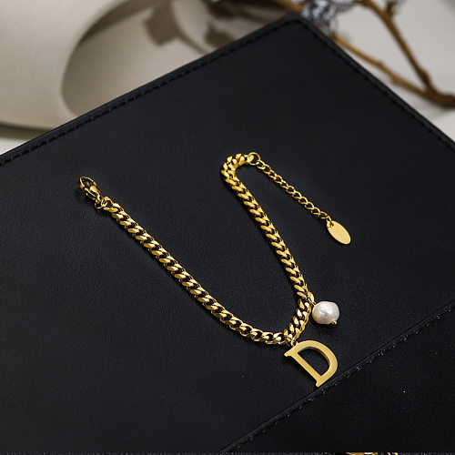 Bracelet en acier titane avec pendentif en or 14 carats plaqué perle lettre D à la mode