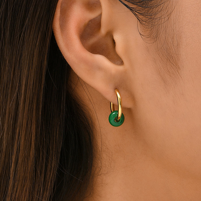 Boucles d'oreilles dorées à la mode en acier inoxydable, boucles d'oreilles rondes vertes
