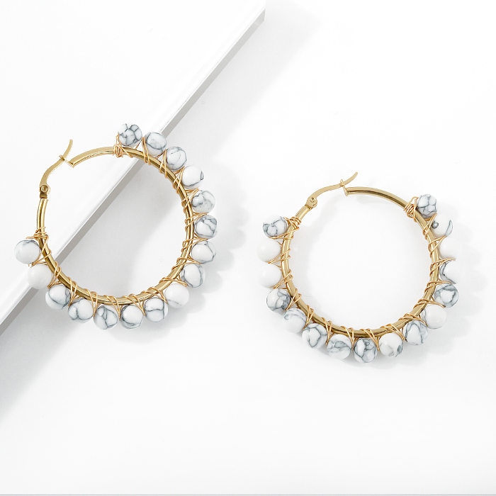 1 Pair Elegant Marble Stainless Steel  Natural Stone Crystal Hoop Earrings