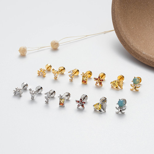 1 Piece Lady Vacation Classic Style Starfish Hippocampus Octopus Plating Inlay Stainless Steel  Copper Zircon 18K Gold Plated Rhodium Plated Ear Studs