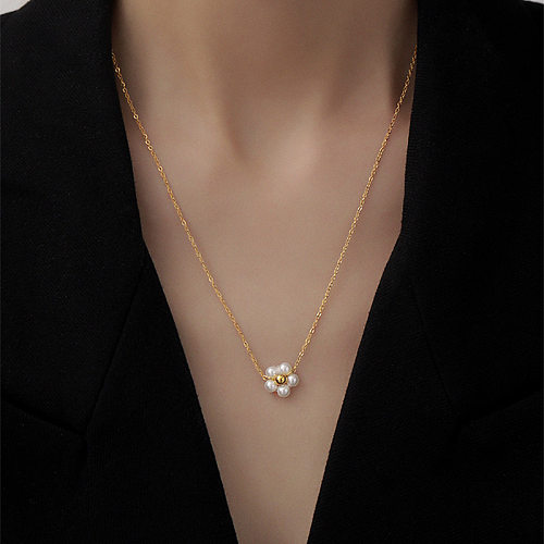 Elegante, süße Blumen-Halskette aus Edelstahl mit Perlenbeschichtung