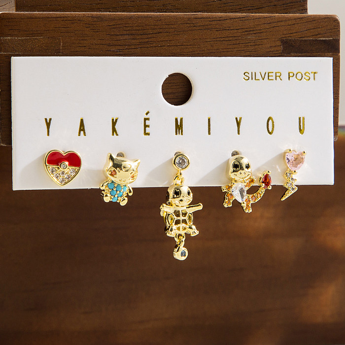 1 Set Cute Simple Style Cartoon Character Star Heart Shape Enamel Stainless Steel  Zircon 14K Gold Plated Drop Earrings