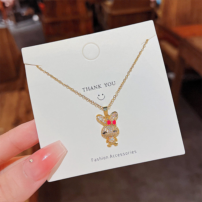 Cute Sweet Rabbit Stainless Steel Inlay Zircon Pendant Necklace