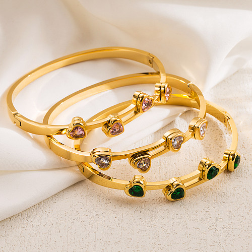 Atacado estilo IG elegante formato de coração em aço inoxidável banhado a ouro 18K pulseira de zircão