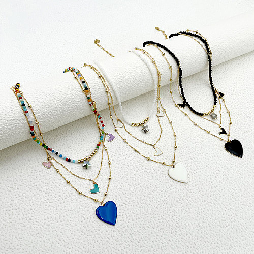 Elegant French Style Heart Shape Stainless Steel  Layered Enamel Plating Gold Plated Three Layer Necklace