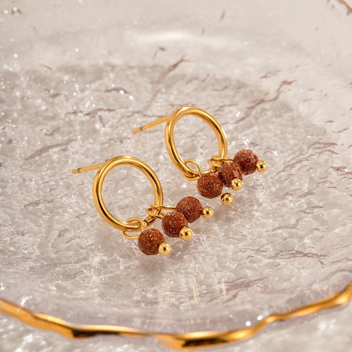 1 paire de boucles d'oreilles pendantes plaquées or 18 carats, Style IG, incrustation géométrique en acier inoxydable, pierre naturelle