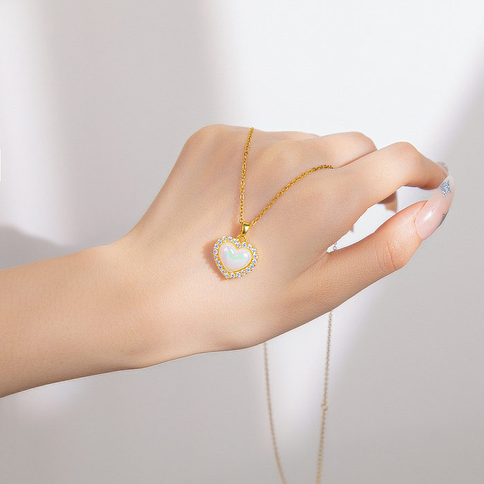 Collar con colgante de circonita y perlas artificiales con incrustaciones de acero inoxidable en forma de corazón a la moda, 1 pieza