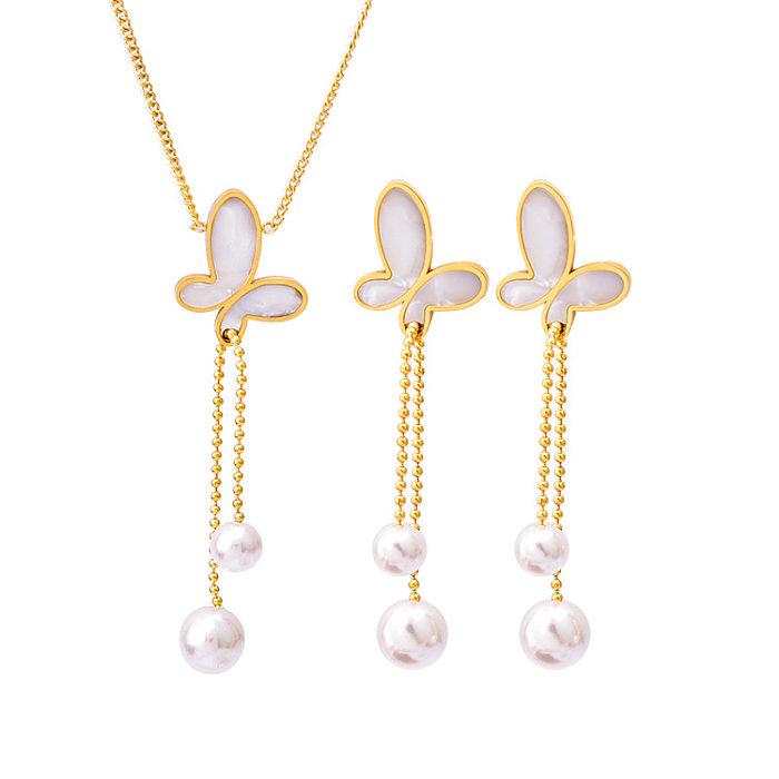 Collier pendentif papillon en acier inoxydable, incrustation de perles artificielles, coquille, colliers en acier inoxydable