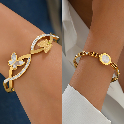 Casual Simple Style Round Number Butterfly Stainless Steel Plating Inlay Shell Zircon 18K Gold Plated Bangle