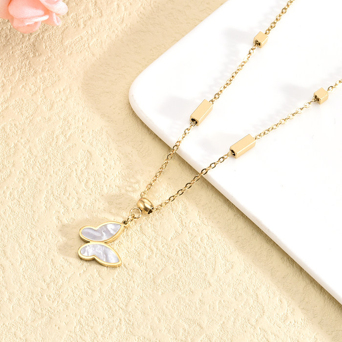 Casual Simple Style Butterfly Stainless Steel Plating Inlay Shell Pendant Necklace