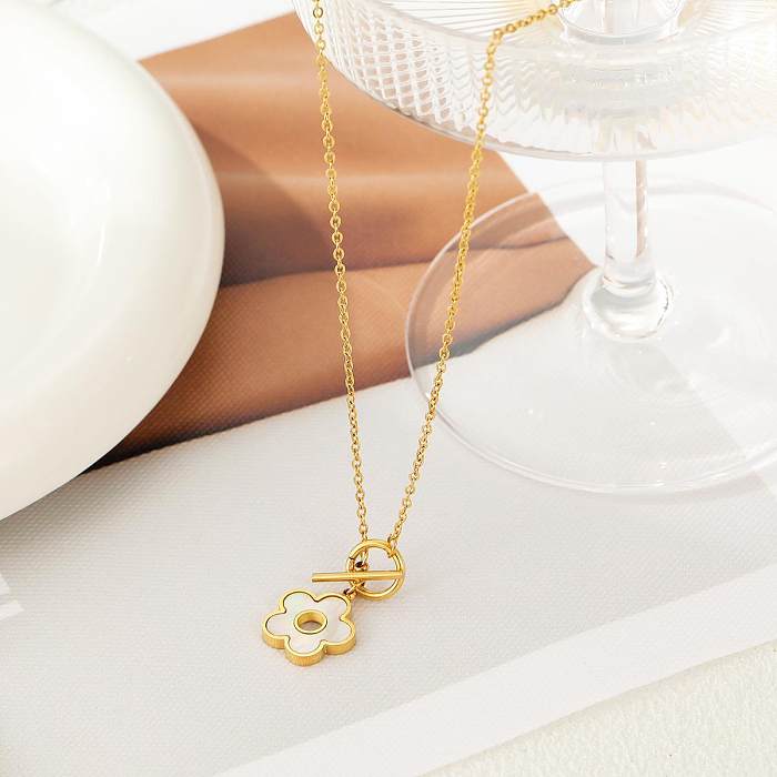 Elegante süße Blumen-Anhänger-Halskette aus Edelstahl mit Toggle-Beschichtung und Inlay-Muschel vergoldet