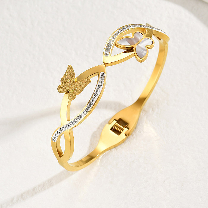Casual Simple Style Round Number Butterfly Stainless Steel Plating Inlay Shell Zircon 18K Gold Plated Bangle