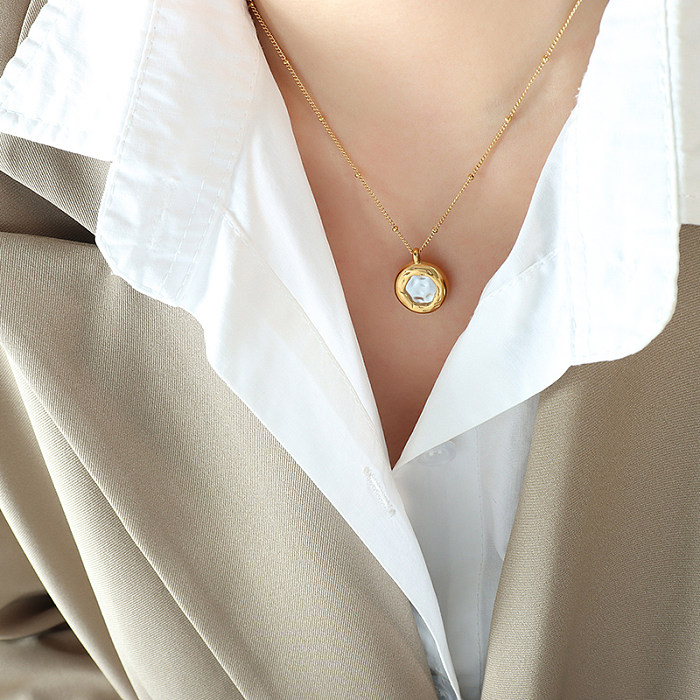 Collier pendentif rond en acier inoxydable, 1 pièce, incrustation de perles artificielles, à la mode
