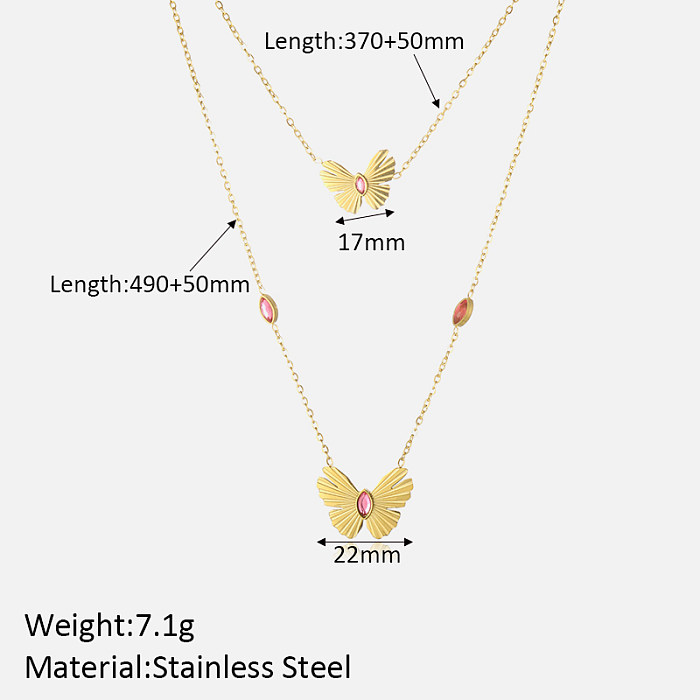 Estilo simples borboleta chapeamento de aço inoxidável incrustação strass artificial 18k banhado a ouro colares de camada dupla