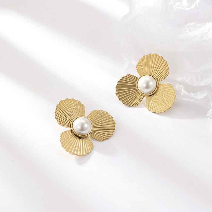 Simple Style Flower Stainless Steel Plating Inlay Artificial Gemstones Ear Studs 1 Pair