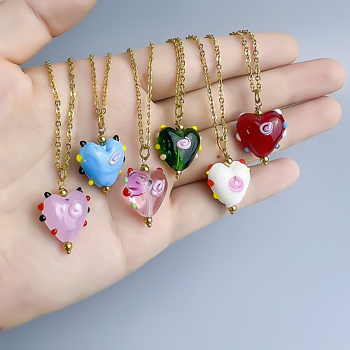 Sweet Heart Shape Stainless Steel  Glass Gold Plated Pendant Necklace In Bulk