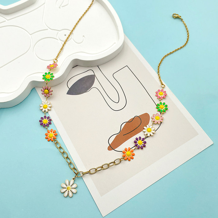 Princess Cute Simple Style Flower Stainless Steel  Enamel Plating Gold Plated Pendant Necklace