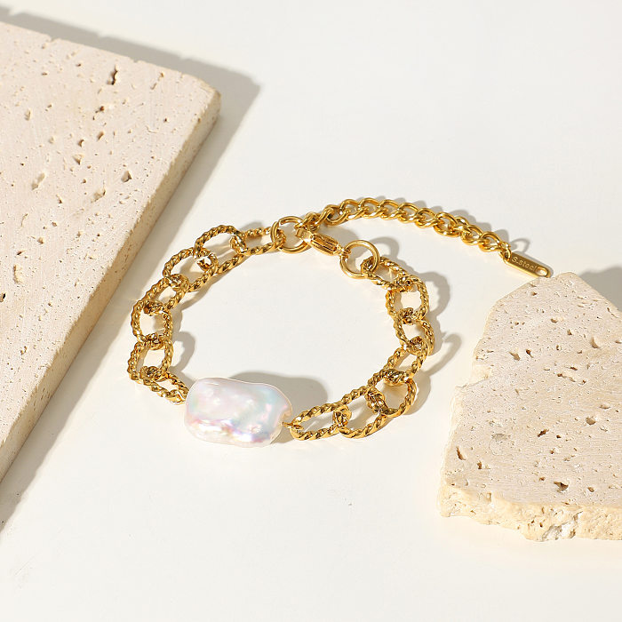Pulsera de acero inoxidable chapada en oro de 18 quilates estilo barroco pulsera de perlas de agua dulce barroca Retro Mujer