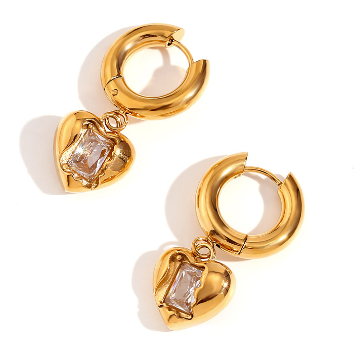 1 paire de boucles d'oreilles pendantes en forme de cœur, Style Vintage, Simple, incrustation en acier inoxydable, Zircon plaqué or 18 carats