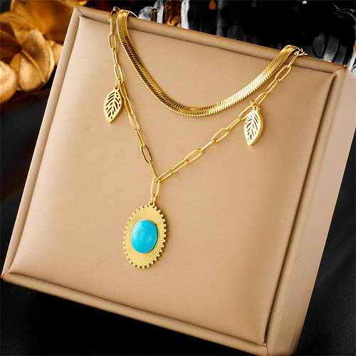 Vintage Style Leaves Stainless Steel Plating Hollow Out Inlay Turquoise 18K Gold Plated Layered Necklaces