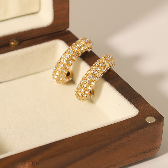 1 Pair Simple Style Solid Color Plating Inlay Stainless Steel  Rhinestones 18K Gold Plated Hoop Earrings