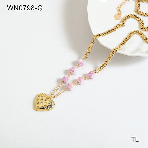 IG Style Simple Style Heart Shape Stainless Steel  Plating Three-dimensional Inlay Zircon 18K Gold Plated Pendant Necklace