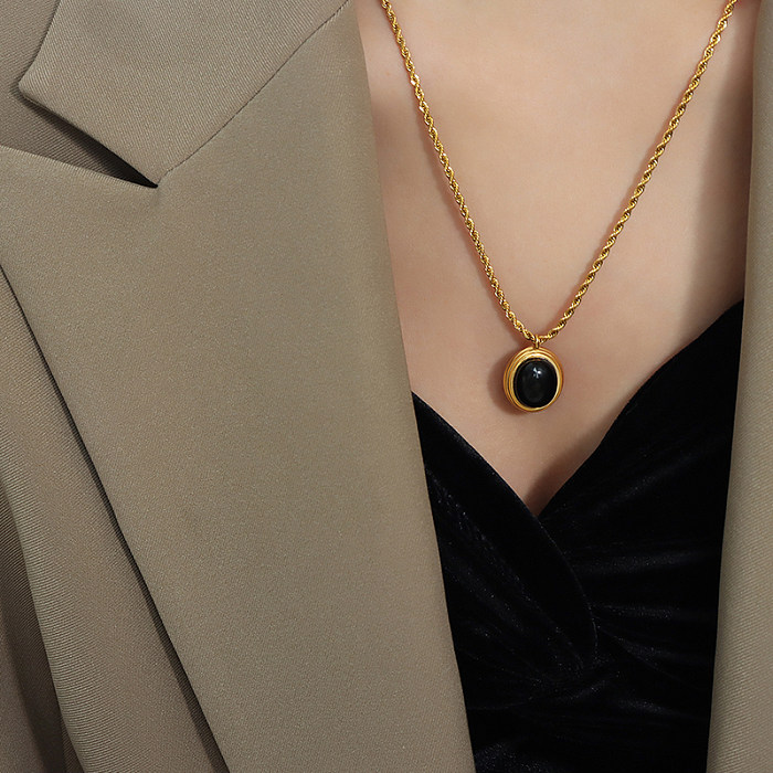 Collier ovale en acier inoxydable, 1 pièce, Style français, incrustation de perles artificielles, pendentif en pierre de verre