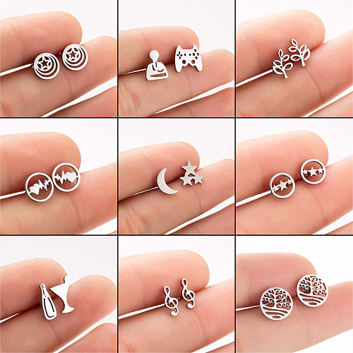 Fashion Star Moon Tree Stainless Steel  Plating Hollow Out Ear Studs 1 Pair