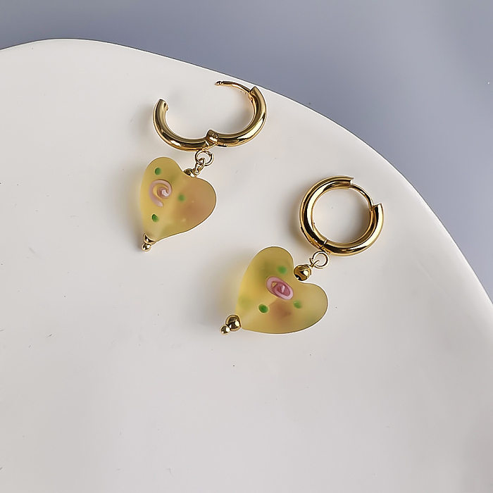 1 paire de boucles d'oreilles en verre et acier inoxydable, Style coréen artistique, en forme de cœur