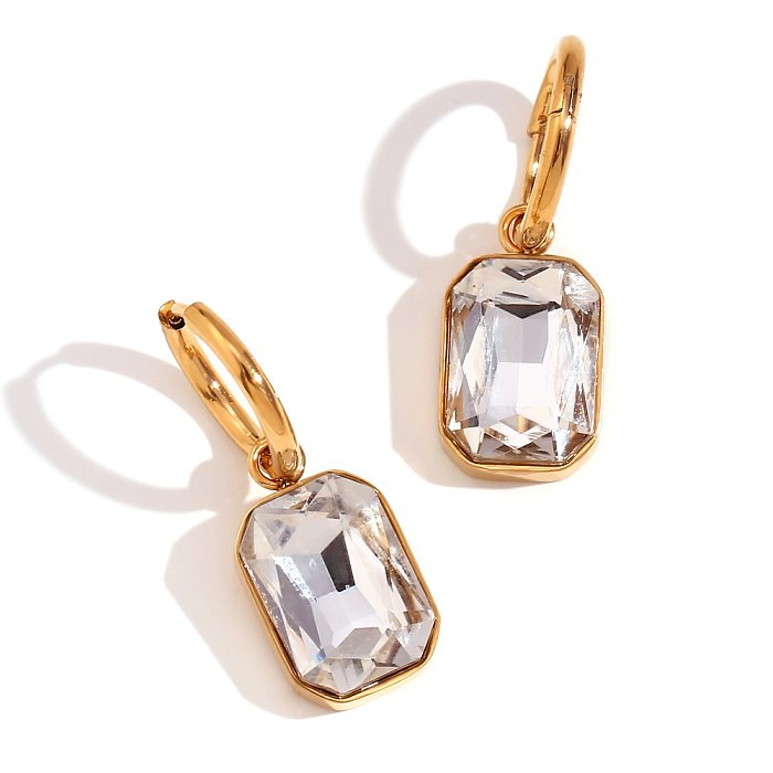 1 paire de boucles d'oreilles pendantes plaquées or 18 carats, Style classique, incrustation carrée de strass en acier inoxydable